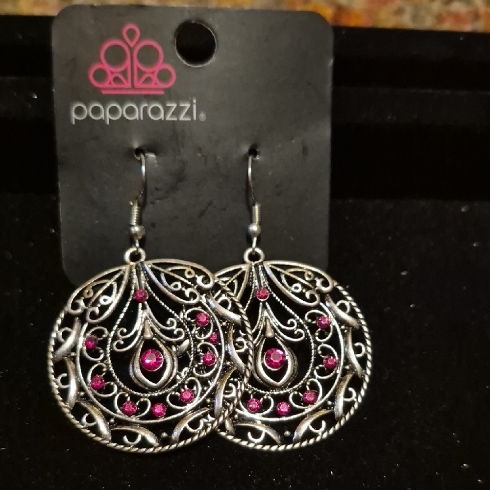 paparazzi Silver-Tone Filigree Earrings with Hot Pink Rhinestones